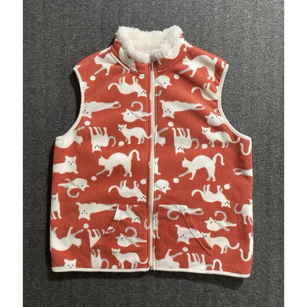 Hastings & Smith Cat Print Fleece Full Zip Vest Pockets Size L